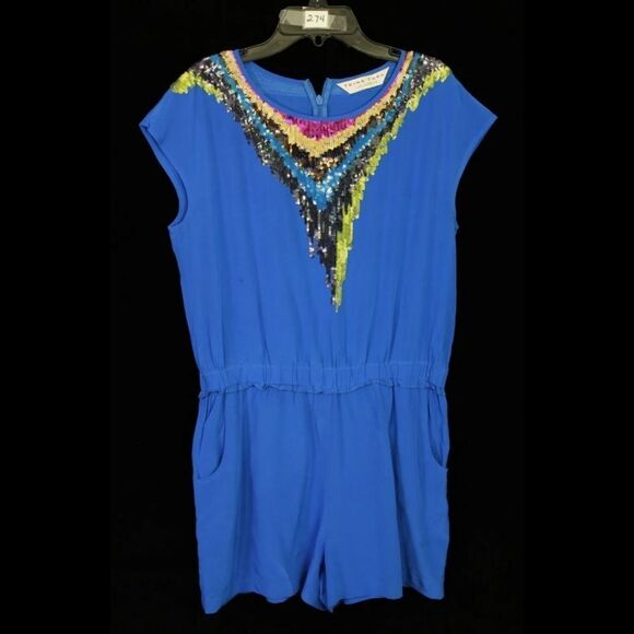 TRINA TURK BLUE SILK SEQUIN ROMPER/JUMPSUIT SIZE 8 COBALT BLUE CREW NECK  - Picture 1 of 7